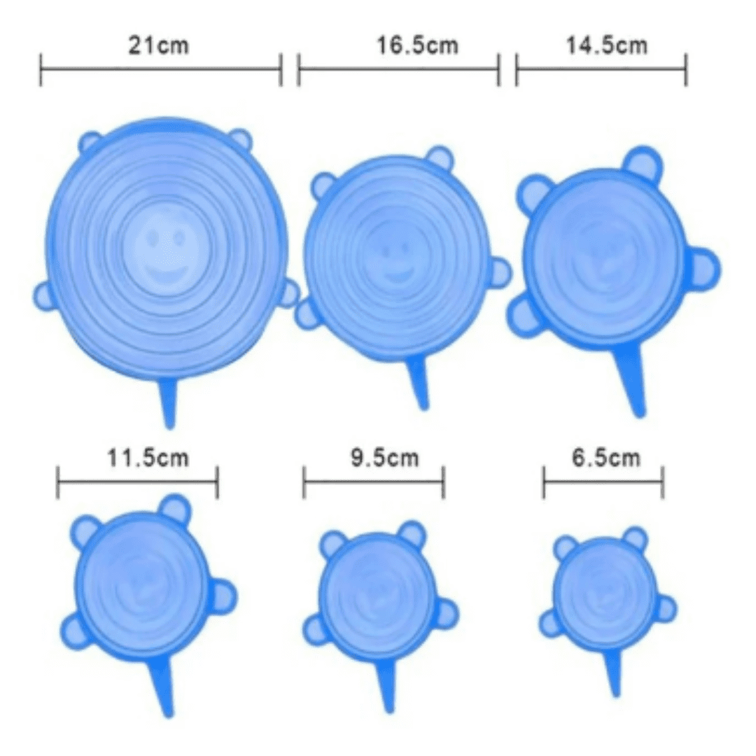 Tapas de silicona reutilizables, paquete por 6 de diferentes tamaños